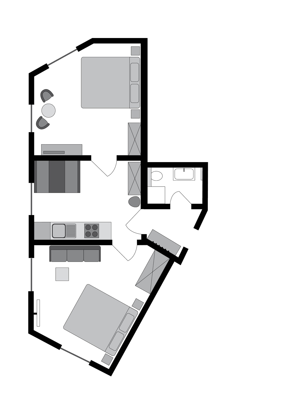 Grundriss der Ferienwohnung Herr Friese, 58 Quadratmeter mit zwei Schlafzimmern, Küche und Bad